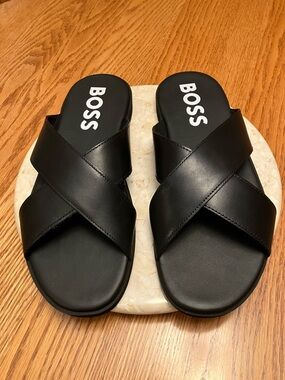 Boss Black Crossband Leather like Slide Sandals
